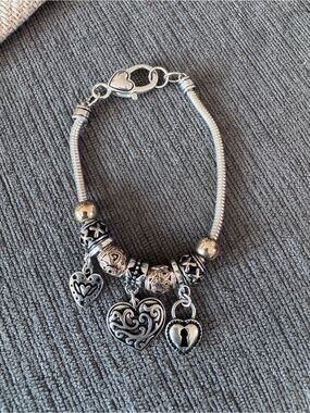 Silver and Gold Heart Charm Bracelet - Women's Jewelry